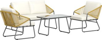 OUTSUNNY 4 Piece Rattan Garden Furniture Set With Cushions - Natural - Natural wood finish | TJ Hughes