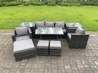 Fimous 8 Seater Rattan Outdoor Furniture Sofa Garden Dining Set with Dining Table Armchairs 2 Side Tables 3 Stools in Dark Grey