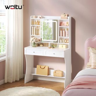 Woltu Woltu Tocador, Tocador De Maquillaje Con Espejo Y Luz Ajustable, Tocador Que Ahorra Espacio Con 2 Cajones, 8 Compartimentos Abiertos Y Armario, Modern