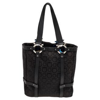 Ferragamo Black Canvas And Leather Tote