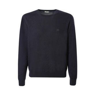 Etro Wool Jumper With Embroidered Logo - male - Etro - Round-neck Knitwear - Blue - 2XL - Knitwear