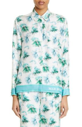 Max Mara Svago Tropical Floral Silk Button-Up Shirt in Turquoise at Nordstrom, Size 4