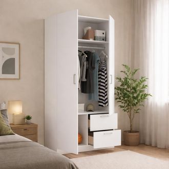 Dmora Dmora - Armario Dmotta, Perchero Para Dormitorio, Armario Con 2 Puertas Batientes Y 2 Cajones, 100x52h215 Cm, Blanco