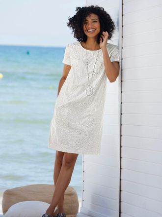 Heine Sommerkleid HEINE Kleid, Damen, Gr. 34, Normalgr&ouml;ssen, ecru, 55% Leinen, 45% Baumwolle, gebl&uuml;mt, gemustert, unifarben, kurz, Rundhals, Kleider Sommerk