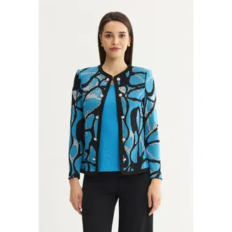 Ming Wang Abstract Jacquard Suede Trim Knit Jacket in Tranquil Blue at Nordstrom, Size 3X