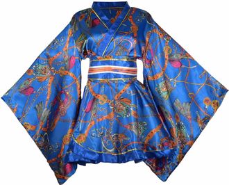 Generic Womens Adult Sexy Short Kimono Dress Costume Japanese Geisha Yukata Prints Gown Obi Belt Set Halloween Party Cosplay Outfit, 13 Royal Blue, One Size