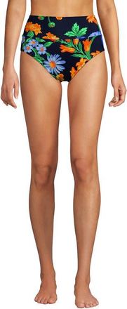 Lands End Chlorine Resistant Pinchless High Waisted Bikini Bottoms in Navy/exploded Poppy Floral at Nordstrom, Size 14