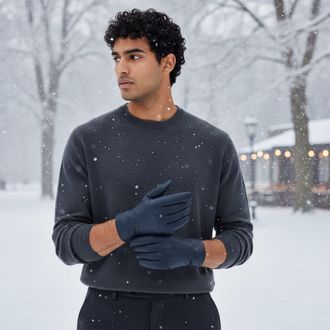 Infinity Leather Mens Navy Blue Italian Leather Warm Wool Lining Winter Riding Driving Casual Gloves