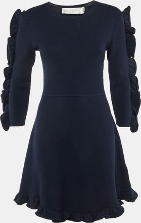 Victoria Beckham Navy Blue Jersey Knit Frill Detail Mini Dress