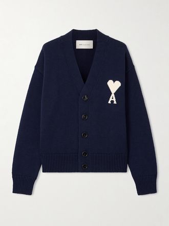 Ami Cardigan In Misto Lana E Cotone Con Logo A Intarsio - Blu