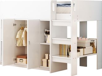 STILVORA Cama Alta Cama Individual Con Armario, Estantes Y Escalera 90&times;200 Cm, Sin Colch&oacute;n, De Madera Maciza, Blanco