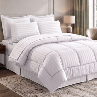 Elegant Comfort 8-Piece Dobby Stripe Comforter Set - Includes 4-Piece Sheet Set with Double Sided Storage Pockets