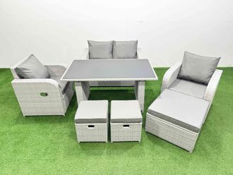Fimous Outdoor Rattan Garden Furniture Dining Set 7-seater with 3 Stools in Light Grey