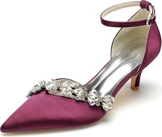 Minitoo Womens Wedding Shoes Low Heel Pointed Toe Evening Formal Pumps with Rhinestone BR107 Burgundy UK 5