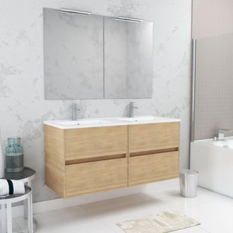 Aurlane Aurlane - Mueble De Ba&ntilde;o 120cm Roble Claro 4 Cajones, Lavabo, 2 Espejos 60x80 Con Apliques Led