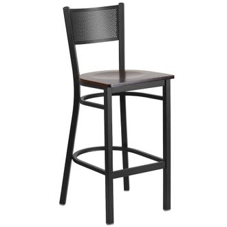 Flash Furniture Black Grid Back Metal Restaurant Barstool - Walnut Wood Seat