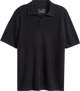 Reigning Champ Victor Johnny Collar Cotton & Linen Mesh Stitch Polo Sweater in Black at Nordstrom, Size Xx-Large