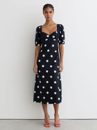 Reiss Linen Puff-sleeve Polka-dot Midi Dress, 16