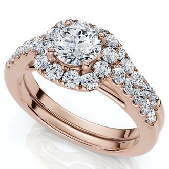 Pompeii3 1 1/10Ct Cushion Halo Diamond Engagement Ring & Matching Band Gold/Pt Lab Grown