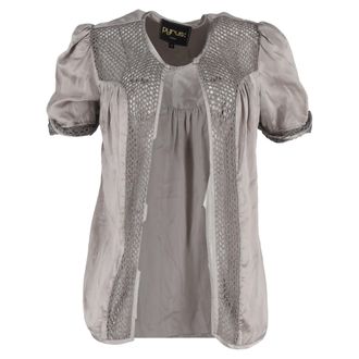 032c Pyrus Crochet-Accent Short Sleeve Cardigan in Grey Silk and Cotton
