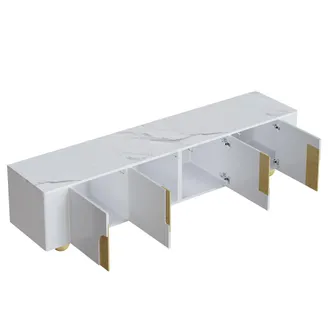 STILVORA Mobile Tv 180&times;40&times;44 Cm Con 4 Ante E Piedini A Sfera, Effetto Marmo E Legno, In Mdf E Truciolare, Bianco