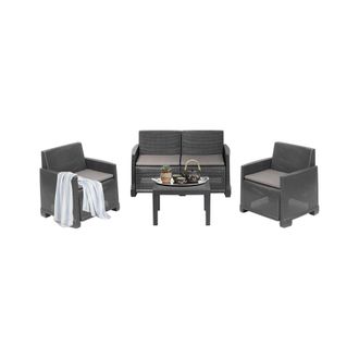 Dmora Conjunto De Sal&oacute;n De Exterior Vieste, Conjunto De Jard&iacute;n Con 2 Sillones, 1 Sof&aacute; Y 1 Mesa De Centro, Efecto Rattan Con Cojines, 100% Made In Italy, Ant