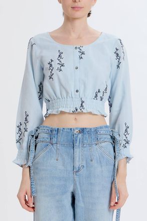 Something Navy Cropped Embroidered Long Sleeve Top In Blue Combo
