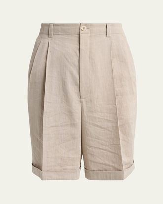 Jacquemus Mens Herringbone Linen-Blend Pleated Shorts