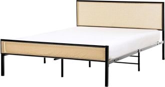 Beliani Letto matrimoniale imbottito in tessuto nero con rete a doghe e gambe in legno 140 x 200 cm Fitou