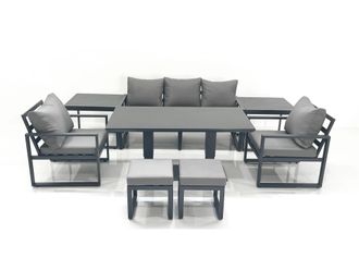 Fimous Outdoor Aluminium Garden Furniture Set w/ Adjustable Rising Lifting Dining Table 3 Seater Sofa 2 Chair 2 Small Footstools 2 Side Tables Dark