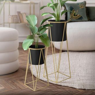 ML Design Ml-design - Set di 2 Portafiori Nero-Oro 21,8x22x47cm 25x25x71cm in Acciaio Struttura in Metallo Porta Piante Porta Vasi da Fiori 2 Pezzi Supporti