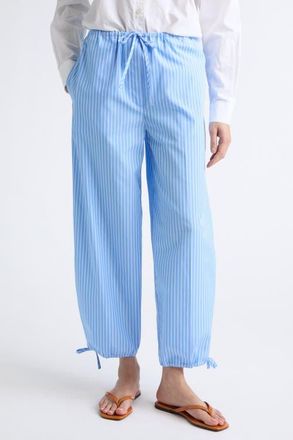 Toteme Stripe Organic Cotton Drawstring Trousers in Blue/white at Nordstrom, Size 36