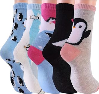 Generic Penguin Pattern Crew Socks, 5 Pairs, Penguin Gift, Adult Size UK 4-8