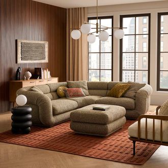 Castlery Textured Boucle Sectional Sofa with Ottoman, Feather Filled Seats - Green | Solari by Castlery