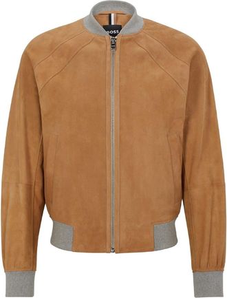 HUGO BOSS Mens Merforate Solid Patterned Ribbed Cuff Bomber Jacket in Med Beige - Size 36 (Chest)