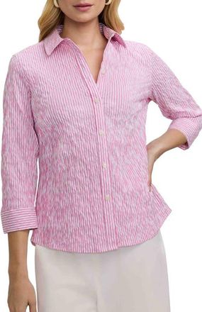 Foxcroft Hampton Crinkle Jacquard Shirt in White/Pink at Nordstrom, Size X-Large