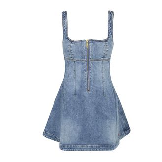 Self Portrait Short Dresses, female, Blue, Size: XS Denim Flared Logo Mini Dress