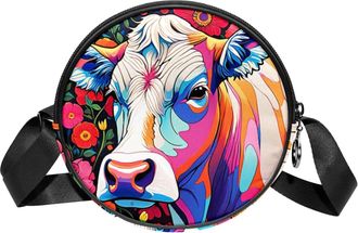 Generic Circle Crossbody Bag for Women, Color Drawing Cow Small Sling Bag Daypack with Zipper Adjustable Shoulder Straps Casual Ladies Girls Round Purse