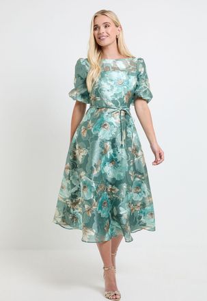 Wallis Womens Petite Floral Organza Puff Sleeve Midi Dress - Green - Size 16 UK