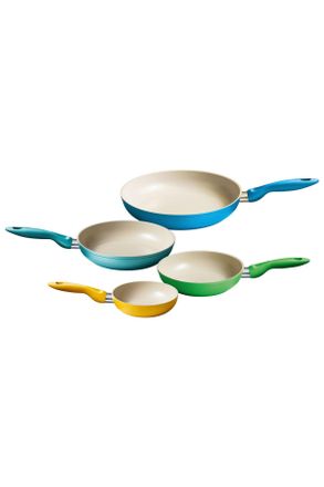 Riess Pfannenset, Hellgrün, Hellblau, Türkis, Gelb, Metall, Kunststoff, 4-teilig, rund, 38x30.5x58 cm, backofengeeignet, antihaftbeschichtet, Kochgeschirr, 