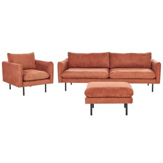 Beliani Conjunto De Sala De Estar 3 Plazas Estilo Retro Moderno Sof&aacute; Sill&oacute;n Otomana Patas Negras De Metal Tela Chenilla Marr&oacute;n Dorado Vinterbro