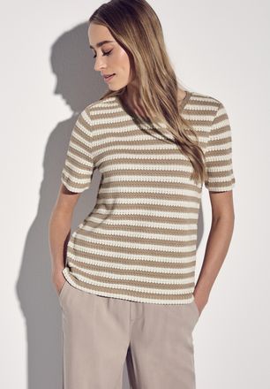 Street One T-Shirt STREET ONE, Damen, Gr. 38, beige (safari beige), Jersey, Obermaterial: 65% Baumwolle, 35% Polyester, gestreift, regular fit taillenbedeckt, Ru