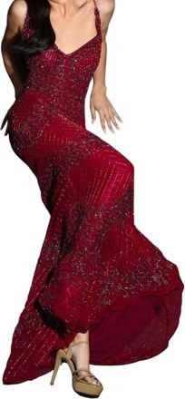 Jasz Couture Vibrant Lacework Sheath Dress In BurgundyGreymet