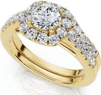 Pompeii3 1 1/10Ct Cushion Halo Diamond Engagement Ring & Matching Band Gold/Pt Lab Grown
