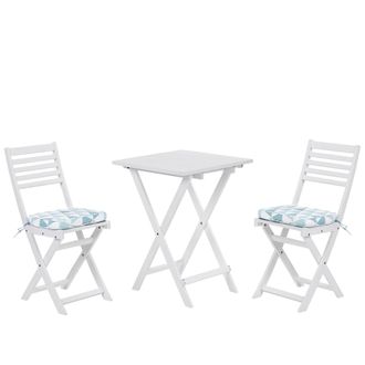 Beliani Beliani - Conjunto Bistr&oacute; De Jard&iacute;n Blanco De Madera De Acacia 3 Piezas Con Cojines Azul Y Blanco Plegable Dise&ntilde;o Moderno Fiji