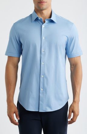 Bugatchi Miles OoohCotton Solid Short Sleeve Button-Up Shirt in Air Blue at Nordstrom, Size Xxx-Large