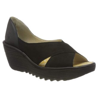 FLY London YOMA307FLY Cupido Mousse Leather Womens Wedge Sole Sandals - Black - Size:UK 6