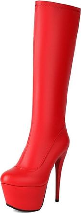 Generic Womens Platform Knee High Stretch Boots Stiletto Ultra High Heel Side Zip Dress Pumps Fashion Dance Shoes (8.5,Red)