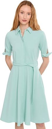 Calvin Klein Scuba Crepe Short Sleeve Self Tie Shirt Dress Womens Dress Seaspray : 10, Polyester/Spandex