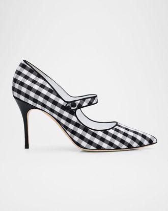 Manolo Blahnik 90mm Camparinew Gingham Mary Jane Pumps